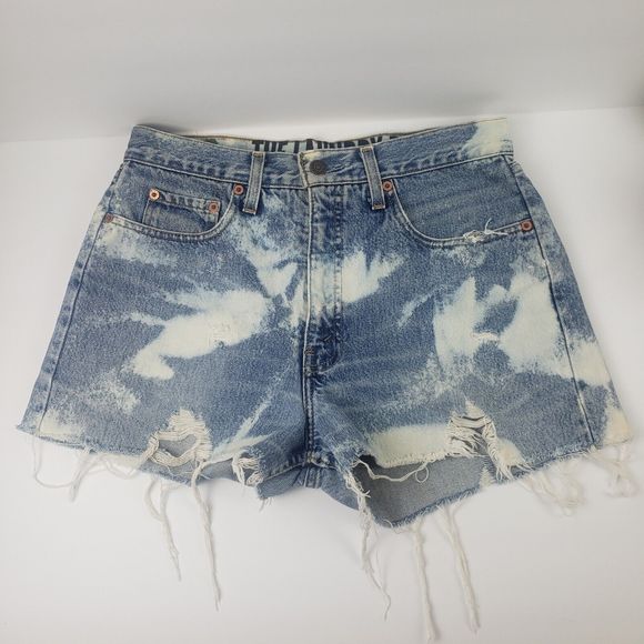 The Laundry Room Bleached Denim Texas Flag Shorts Sz M Redone Levis 615 - Picture 5 of 12